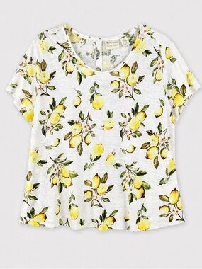 Cynthia Rowley 100% Linen Lemon Blouse 2X Beach Coastal Button Back Novelty